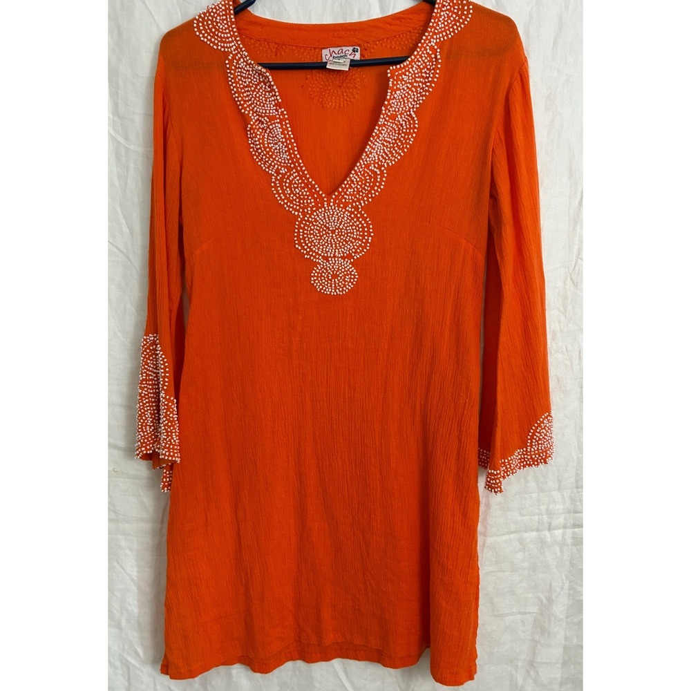 Chacha Beach Tunic Dress Womens Small Orange Beaded V-Neck Gauze Cover Up Boho